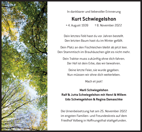 Anzeige von Kurt Schwiegelshon von  Bergisches Handelsblatt 