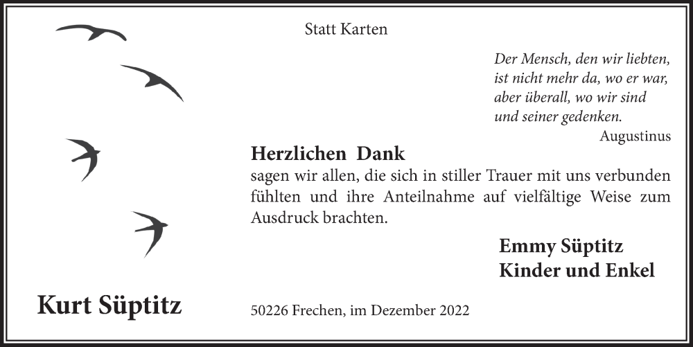  Traueranzeige für Kurt Süptitz vom 02.12.2022 aus  Wochenende 