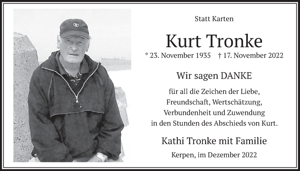  Traueranzeige für Kurt Tronke vom 29.12.2022 aus  Werbepost 