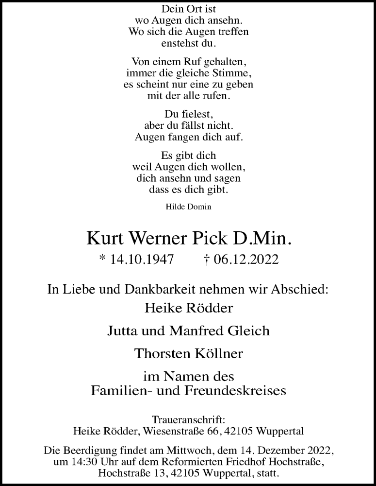  Traueranzeige für Kurt Werner Pick vom 10.12.2022 aus Kölner Stadt-Anzeiger / Kölnische Rundschau / Express