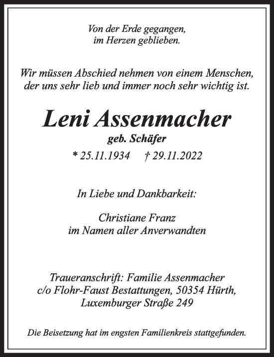 Anzeige von Leni Assenmacher von  Wochenende 