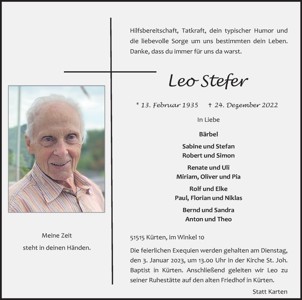  Traueranzeige für Leo Stefer vom 31.12.2022 aus Kölner Stadt-Anzeiger / Kölnische Rundschau / Express