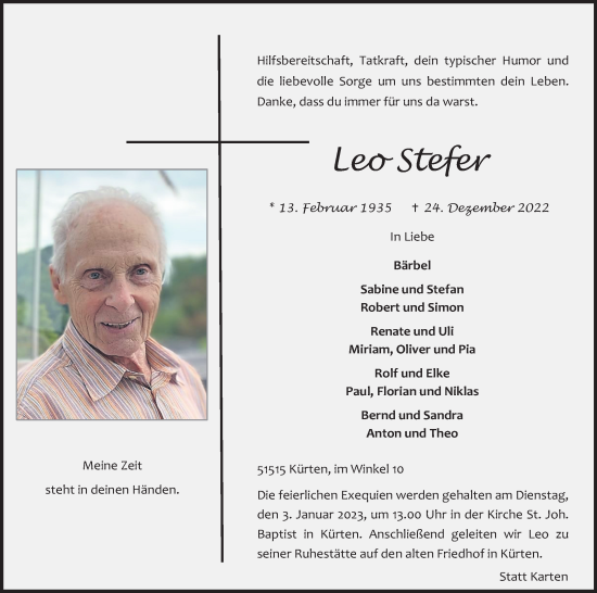 Anzeige von Leo Stefer von Kölner Stadt-Anzeiger / Kölnische Rundschau / Express