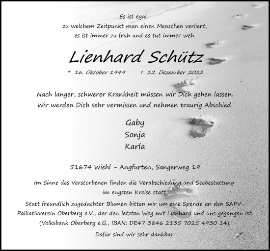 Anzeige von Lienhard Schütz von  Anzeigen Echo 
