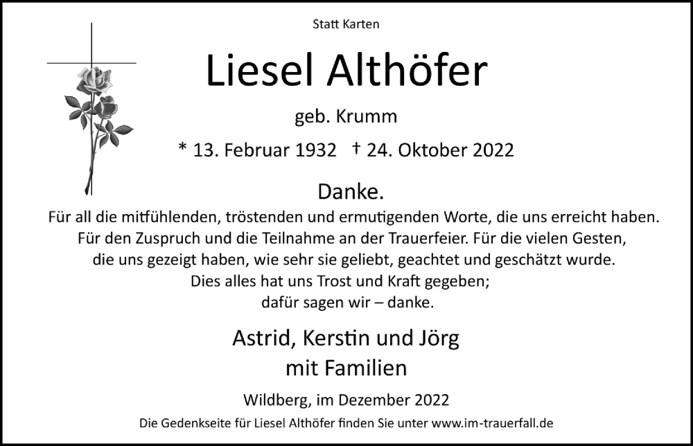  Traueranzeige für Liesel Althöfer vom 16.12.2022 aus  Anzeigen Echo  Lokalanzeiger 