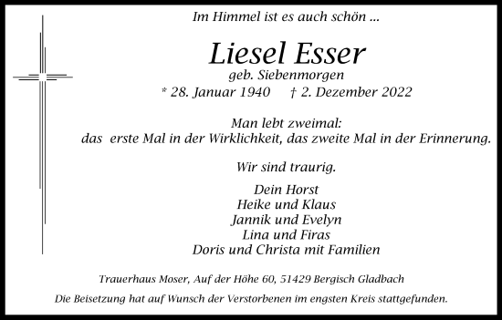 Anzeige von Liesel Esser von Kölner Stadt-Anzeiger / Kölnische Rundschau / Express
