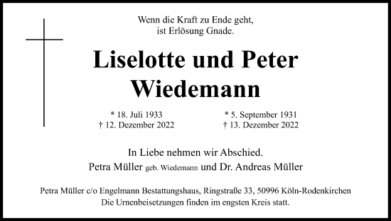 Anzeige von Liselotte Wiedemann von Kölner Stadt-Anzeiger / Kölnische Rundschau / Express