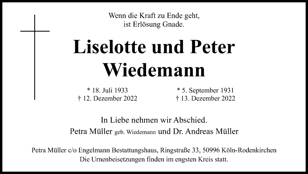  Traueranzeige für Liselotte Wiedemann vom 17.12.2022 aus Kölner Stadt-Anzeiger / Kölnische Rundschau / Express
