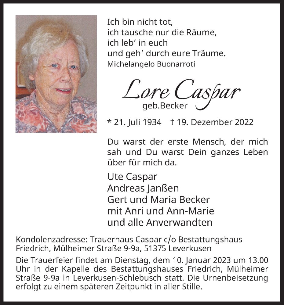  Traueranzeige für Lore Caspar vom 31.12.2022 aus Kölner Stadt-Anzeiger / Kölnische Rundschau / Express
