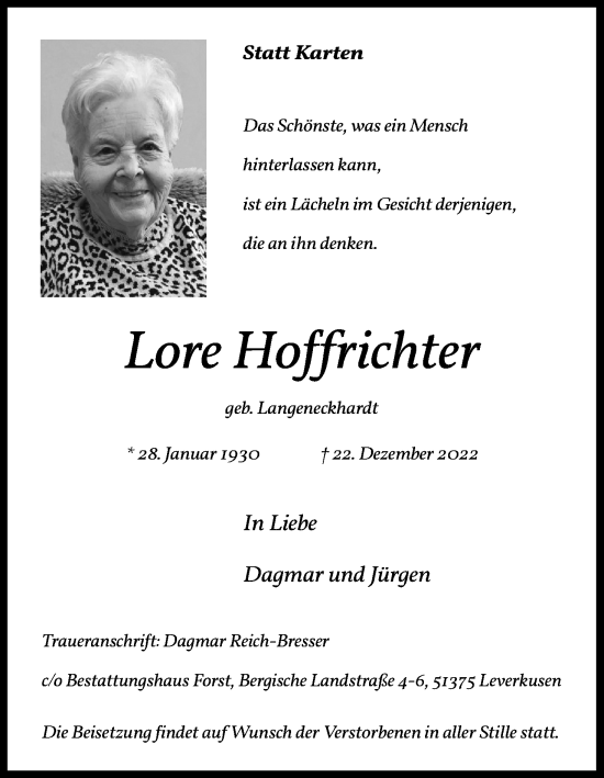 Anzeige von Lore Hoffrichter von Kölner Stadt-Anzeiger / Kölnische Rundschau / Express