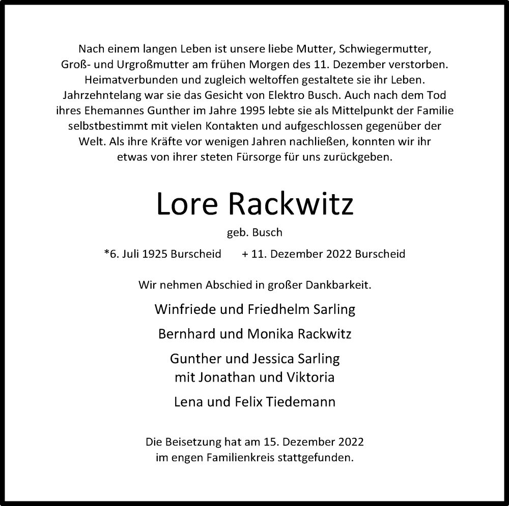  Traueranzeige für Lore Rackwitz vom 17.12.2022 aus Kölner Stadt-Anzeiger / Kölnische Rundschau / Express
