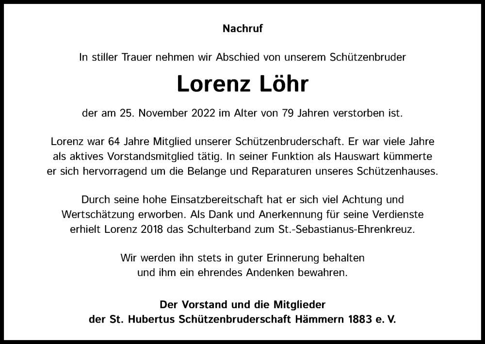  Traueranzeige für Lorenz Löhr vom 14.12.2022 aus Kölner Stadt-Anzeiger / Kölnische Rundschau / Express