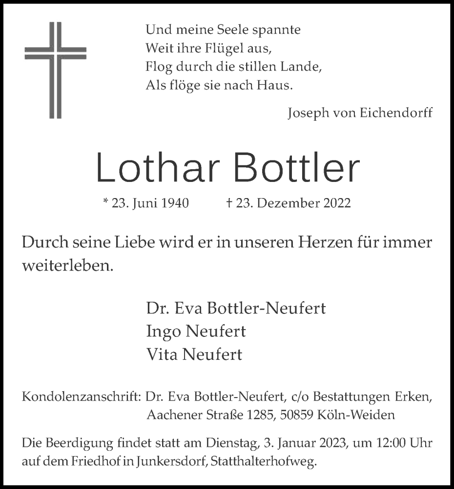  Traueranzeige für Lothar Bottler vom 31.12.2022 aus Kölner Stadt-Anzeiger / Kölnische Rundschau / Express
