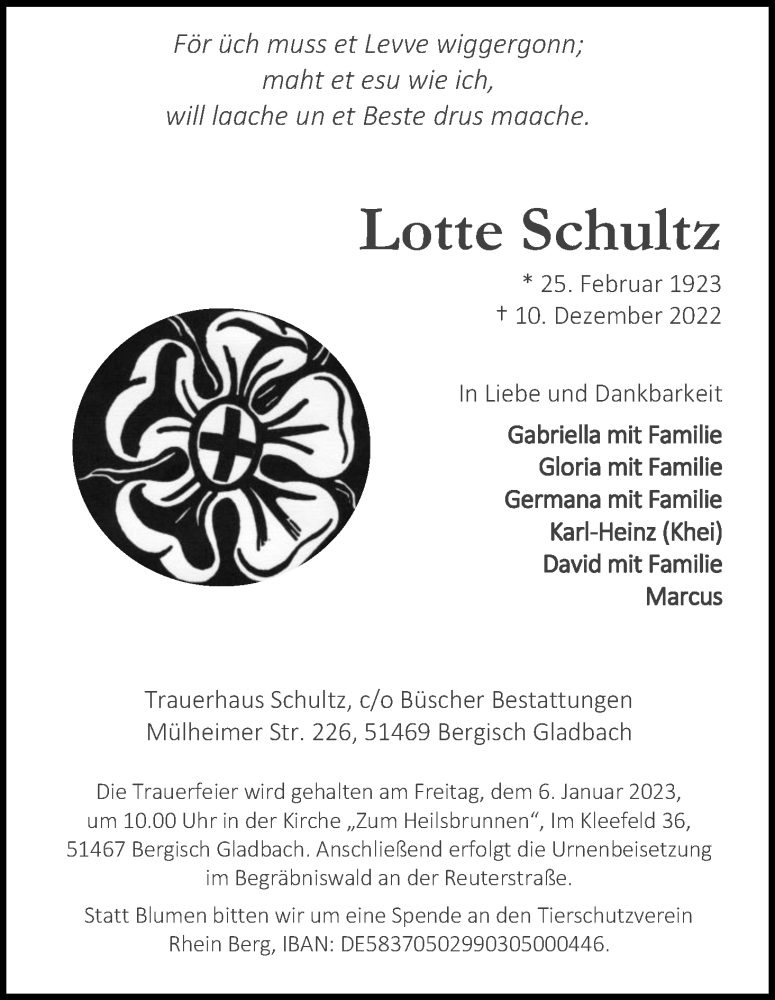 Traueranzeige für Lotte Schultz vom 24.12.2022 aus Kölner Stadt-Anzeiger / Kölnische Rundschau / Express