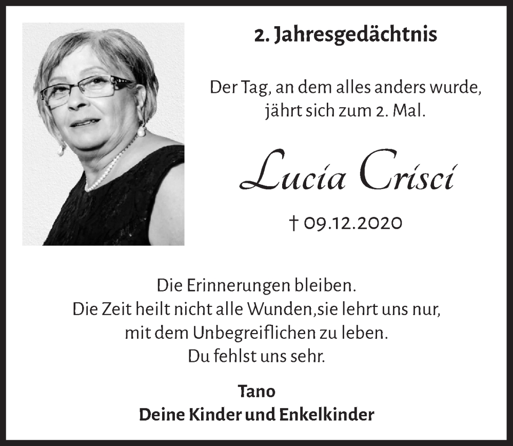  Traueranzeige für Lucia Crisci vom 09.12.2022 aus  Lokalanzeiger 