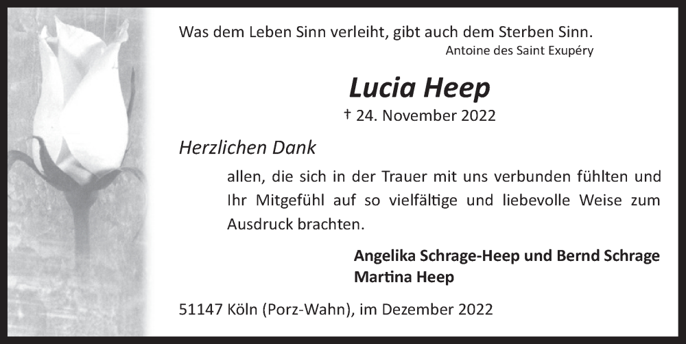  Traueranzeige für Lucia Heep vom 29.12.2022 aus  EXPRESS - Die Woche 