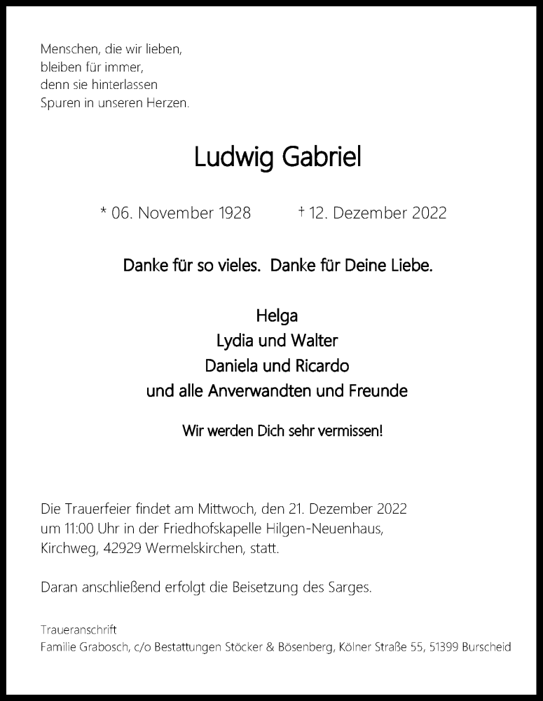  Traueranzeige für Ludwig Gabriel vom 17.12.2022 aus Kölner Stadt-Anzeiger / Kölnische Rundschau / Express