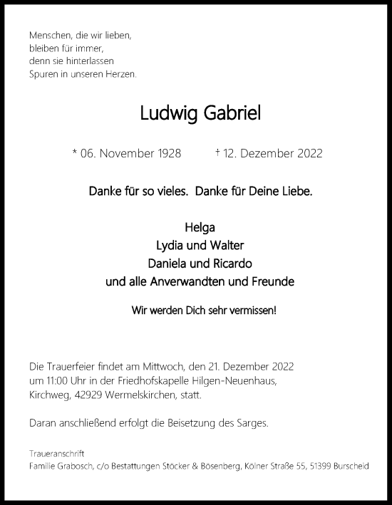 Anzeige von Ludwig Gabriel von Kölner Stadt-Anzeiger / Kölnische Rundschau / Express