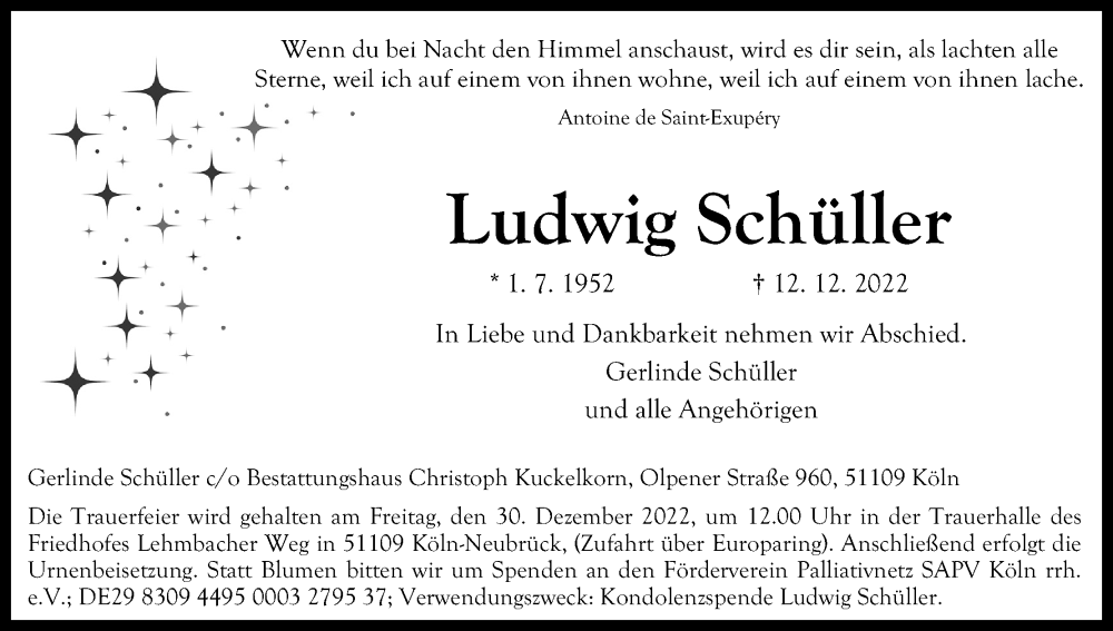  Traueranzeige für Ludwig Schüller vom 17.12.2022 aus Kölner Stadt-Anzeiger / Kölnische Rundschau / Express