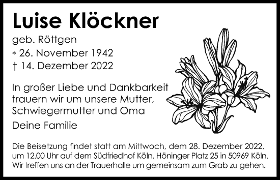 Anzeige von Luise Klöckner von Kölner Stadt-Anzeiger / Kölnische Rundschau / Express
