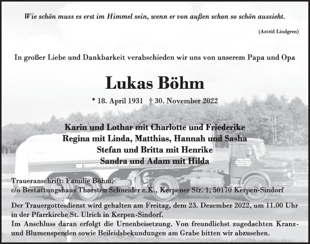  Traueranzeige für Lukas Böhm vom 09.12.2022 aus  Werbepost 