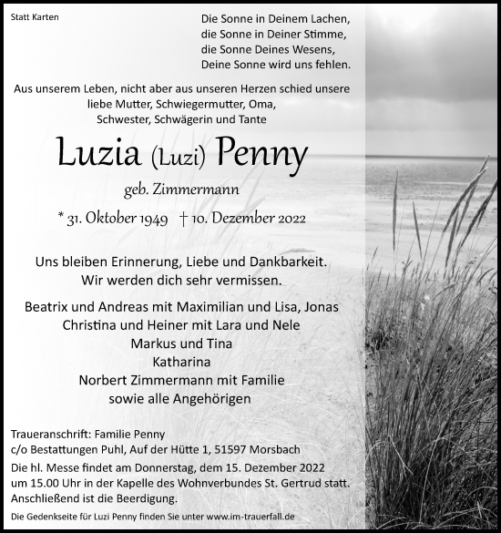 Anzeige von Luzia Penny von Kölner Stadt-Anzeiger / Kölnische Rundschau / Express