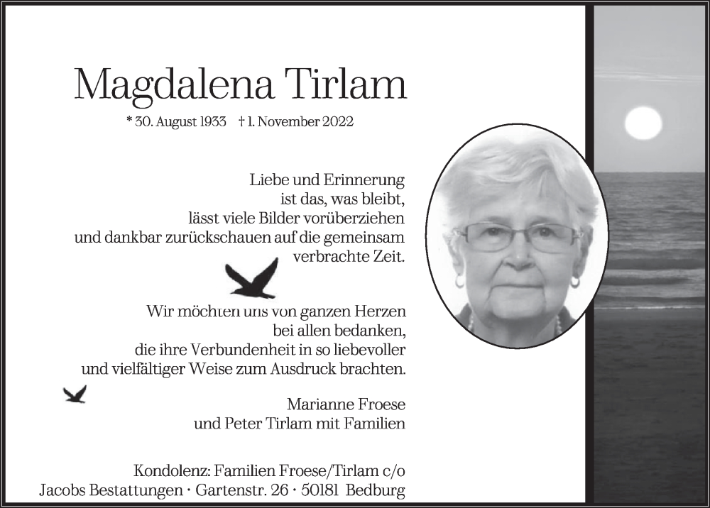  Traueranzeige für Magdalena Tirlam vom 09.12.2022 aus  Werbepost 