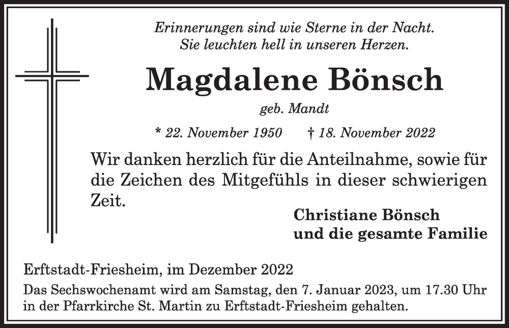  Traueranzeige für Magdalene Bönsch vom 29.12.2022 aus  Werbepost 