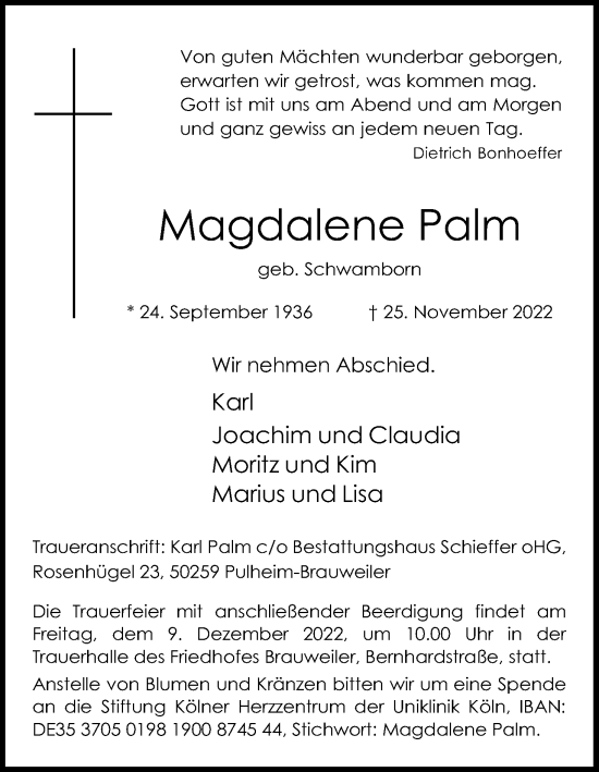 Anzeige von Magdalene Palm von Kölner Stadt-Anzeiger / Kölnische Rundschau / Express