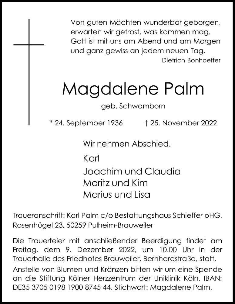  Traueranzeige für Magdalene Palm vom 03.12.2022 aus Kölner Stadt-Anzeiger / Kölnische Rundschau / Express