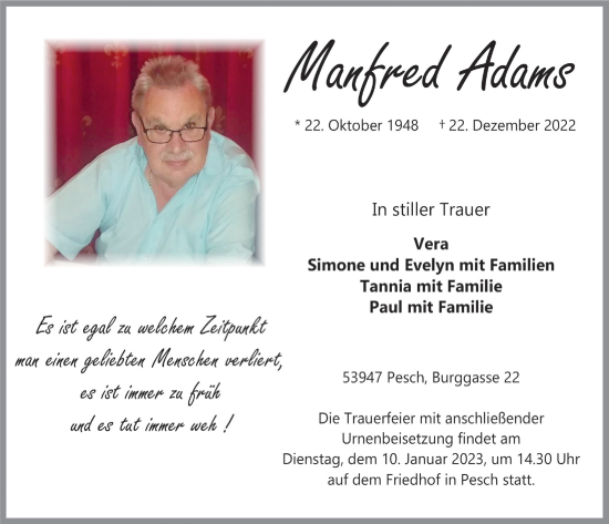 Anzeige von Manfred Adams von  Blickpunkt Euskirchen 