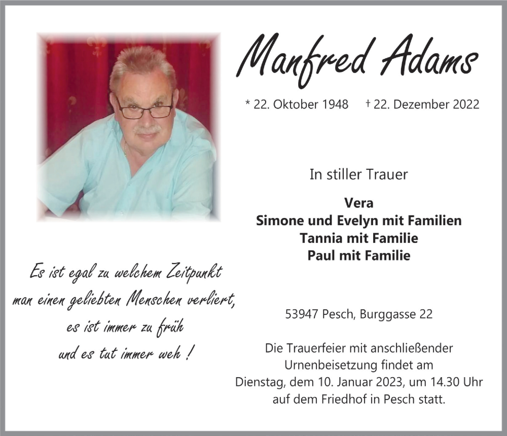  Traueranzeige für Manfred Adams vom 30.12.2022 aus  Blickpunkt Euskirchen 
