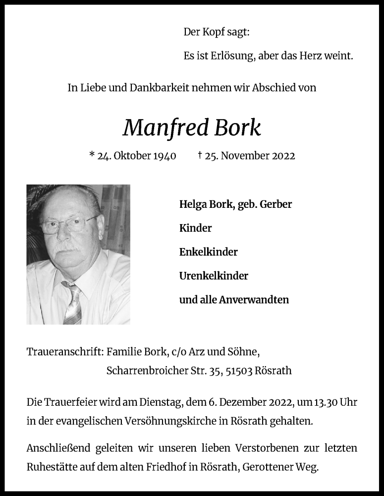  Traueranzeige für Manfred Bork vom 03.12.2022 aus Kölner Stadt-Anzeiger / Kölnische Rundschau / Express