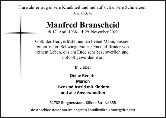 Anzeige von Manfred Branscheid von Kölner Stadt-Anzeiger / Kölnische Rundschau / Express