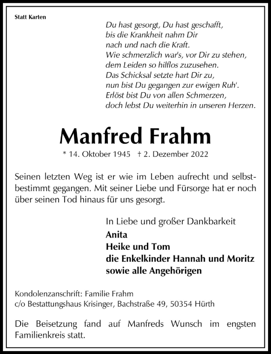Anzeige von Manfred Frahm von  Wochenende 