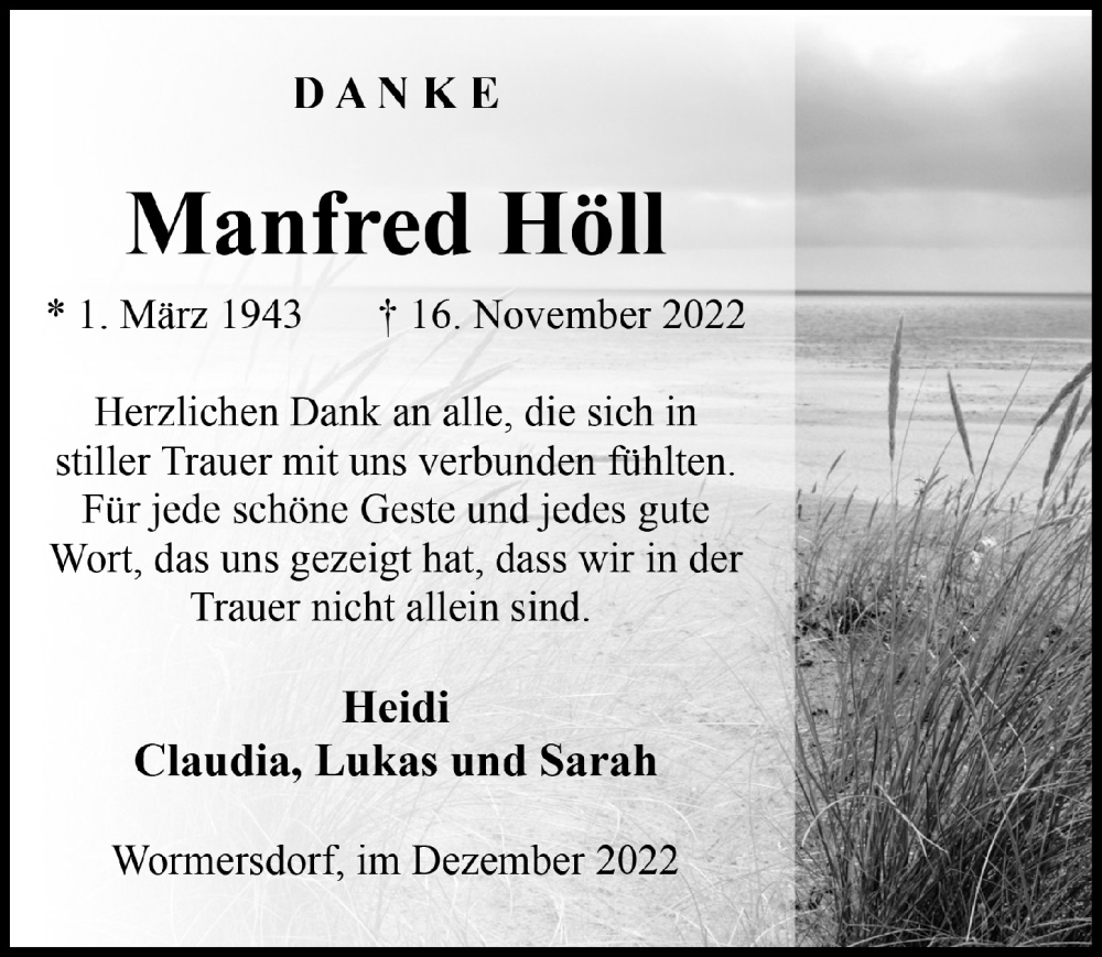  Traueranzeige für Manfred Höll vom 16.12.2022 aus  Schaufenster/Blickpunkt 