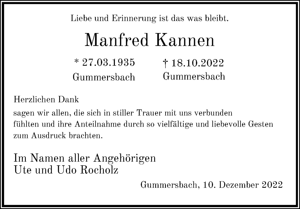  Traueranzeige für Manfred Kannen vom 10.12.2022 aus Kölner Stadt-Anzeiger / Kölnische Rundschau / Express