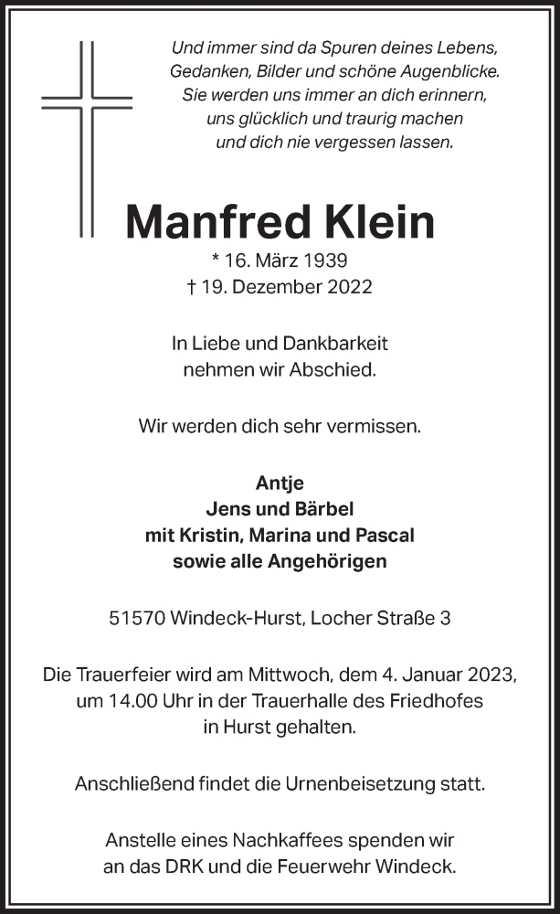  Traueranzeige für Manfred Klein vom 29.12.2022 aus  Lokalanzeiger 