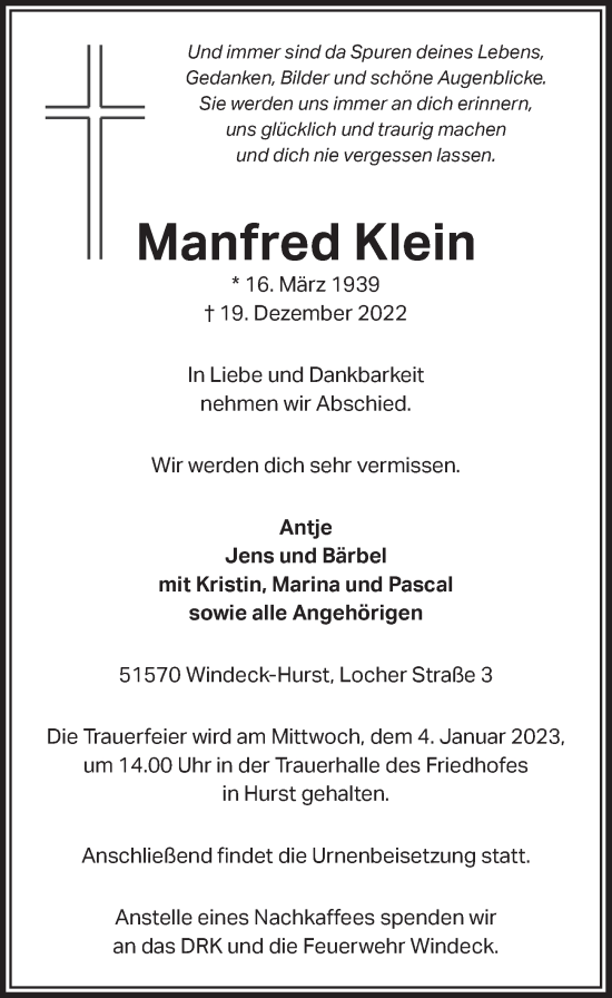 Anzeige von Manfred Klein von  Lokalanzeiger 