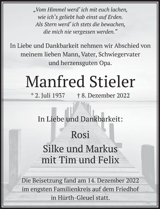 Anzeige von Manfred Stieler von  Wochenende 