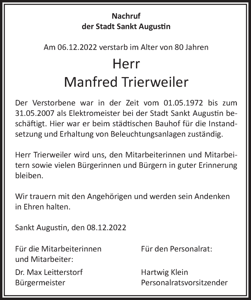  Traueranzeige für Manfred Trierweiler vom 16.12.2022 aus  Extra Blatt 