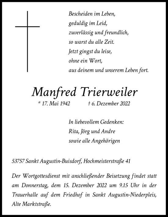 Anzeige von Manfred Trierweiler von Kölner Stadt-Anzeiger / Kölnische Rundschau / Express