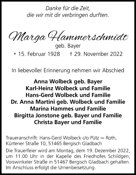 Anzeige von Marga Hammerschmidt von Kölner Stadt-Anzeiger / Kölnische Rundschau / Express