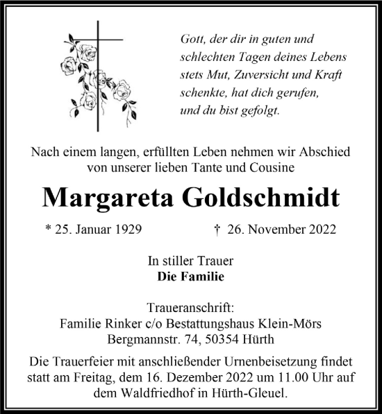 Anzeige von Margareta Goldschmidt von  Wochenende 