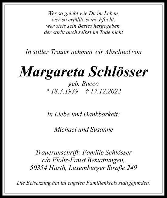Anzeige von Margareta Schlösser von Kölner Stadt-Anzeiger / Kölnische Rundschau / Express
