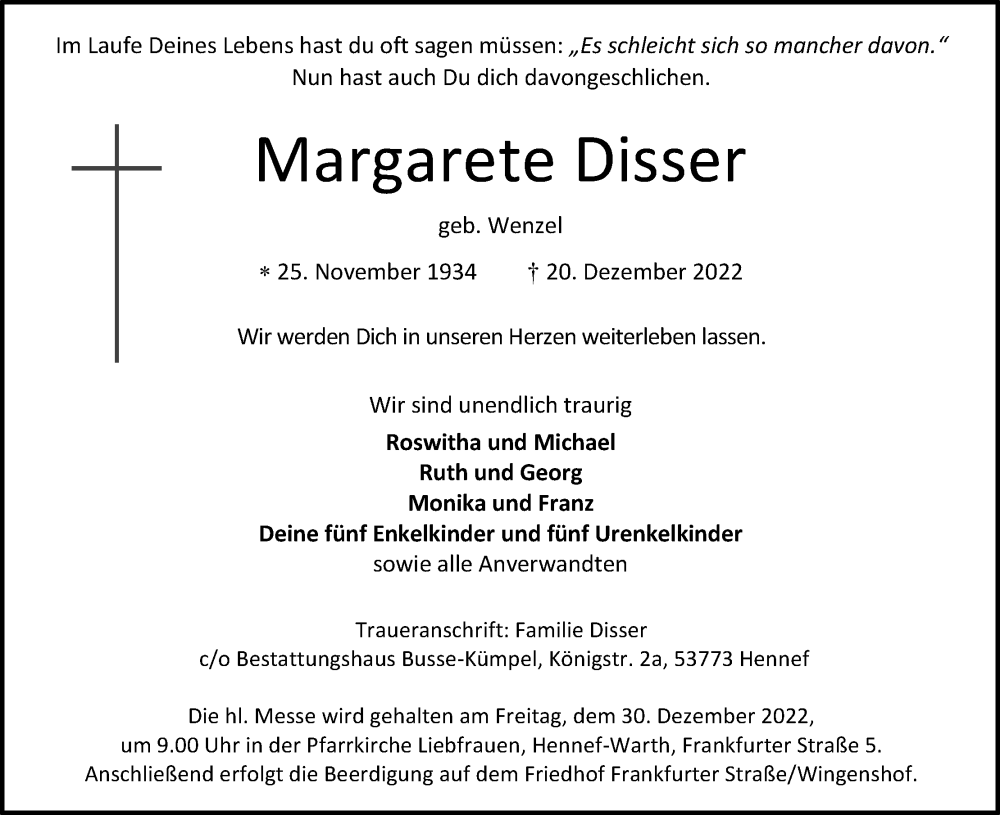  Traueranzeige für Margarete Disser vom 24.12.2022 aus Kölner Stadt-Anzeiger / Kölnische Rundschau / Express