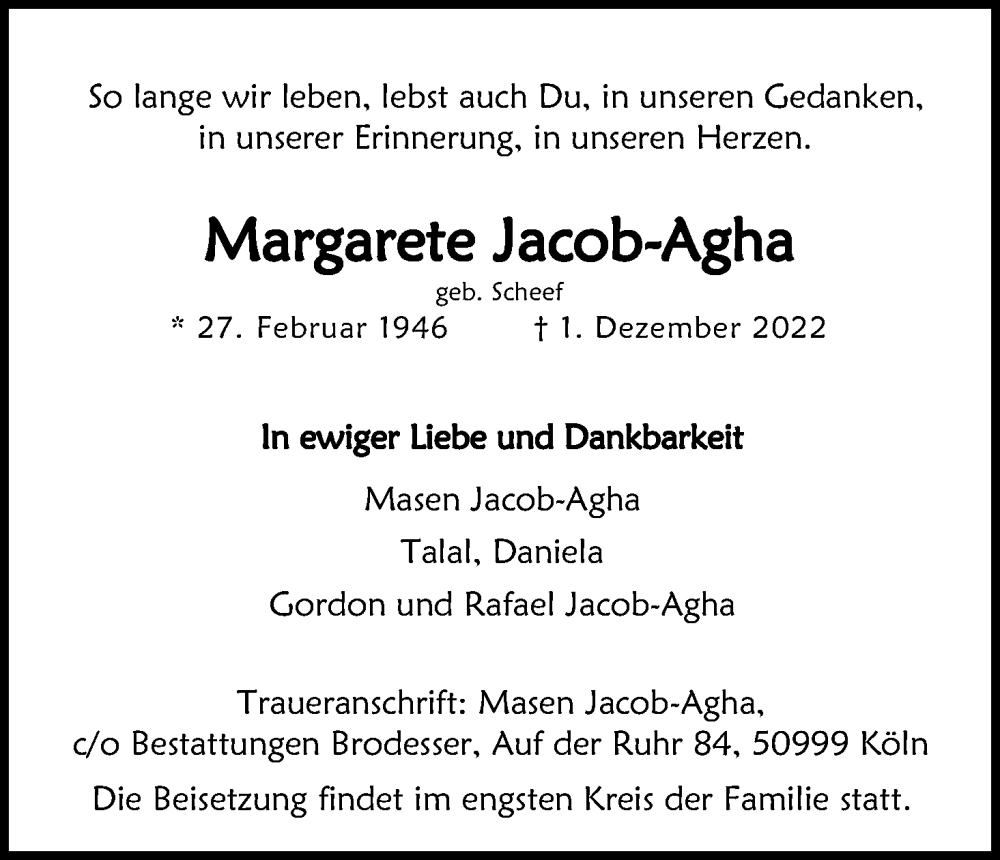  Traueranzeige für Margarete Jacob-Agha vom 17.12.2022 aus Kölner Stadt-Anzeiger / Kölnische Rundschau / Express