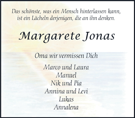 Anzeige von Margarete Jonas von  Schlossbote/Werbekurier 