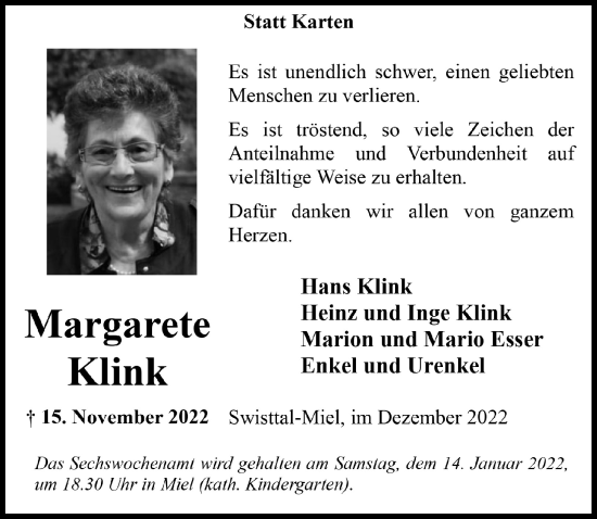 Anzeige von Margarete Klink von  Schaufenster/Blickpunkt 