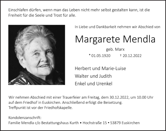 Anzeige von Margarete Mendla von  Blickpunkt Euskirchen 